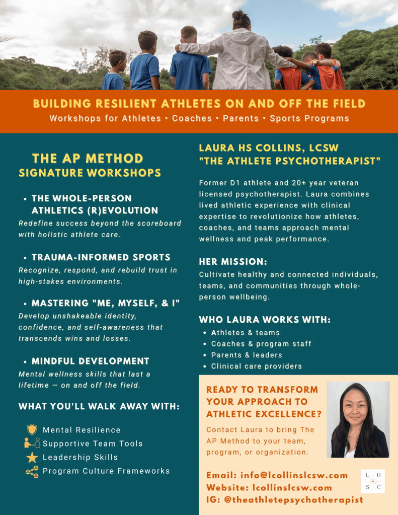 Flyer announcing "The AP Method" (short for "The Athlete Psychotherapy Method"). At the top, a photo of a coach talking with her young athletes outside, trees in the background. Below the photo, information about the AP Method signature workshops and bio of Laura Collins, the facilitator.