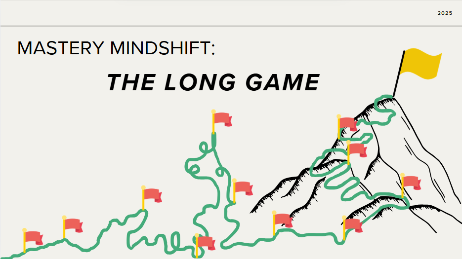 Photo of drawing of a very winding green road to the top of a mountain. Along the way, different flags mark progress points. At the top, "Mastery Mindshift: The Long Game' title.